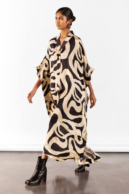 Studio Rigu Black Velvet Beads V-neck Vegan Silk Chestnut Print Kaftan Online at Aza Fashions Studio Rigu_Black Velvet Beads V-neck Vegan Silk Chestnut Print Kaftan _Online_at_Aza_Fashions