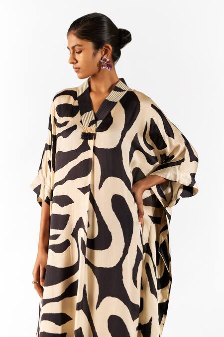 Buy Studio Rigu Black Velvet Beads V-neck Vegan Silk Chestnut Print Kaftan Online at Aza Fashions Buy_Studio Rigu_Black Velvet Beads V-neck Vegan Silk Chestnut Print Kaftan _Online_at_Aza_Fashions