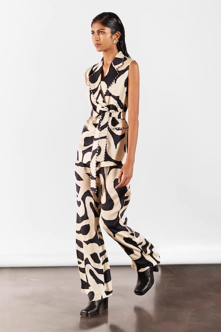 Shop Studio Rigu Black Viscose, Velvet Vegan Silk Chestnut Print Blazer And Pant Set at Aza Fashions Shop_Studio Rigu_Black Viscose, Velvet Vegan Silk Chestnut Print Blazer And Pant Set _at_Aza_Fashions