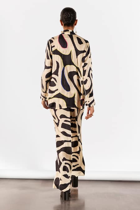 Shop Studio Rigu Black Viscose, Silk Sequins V-neck Vegan Chestnut Print Knot Shirt With Pant at Aza Fashions Shop_Studio Rigu_Black Viscose, Silk Sequins V-neck Vegan Chestnut Print Knot Shirt With Pant _at_Aza_Fashions