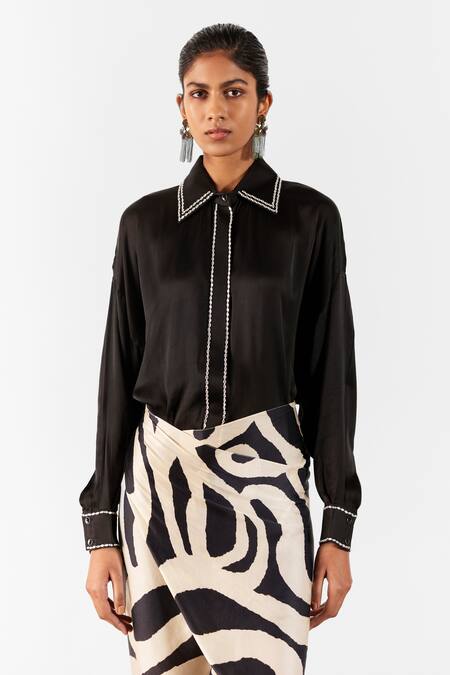 Studio Rigu Black Silk Stones Collared Vegan Chestnut Print Draped Maxi Shirt Dress Online at Aza Fashions Studio Rigu_Black Silk Stones Collared Vegan Chestnut Print Draped Maxi Shirt Dress _Online_at_Aza_Fashions