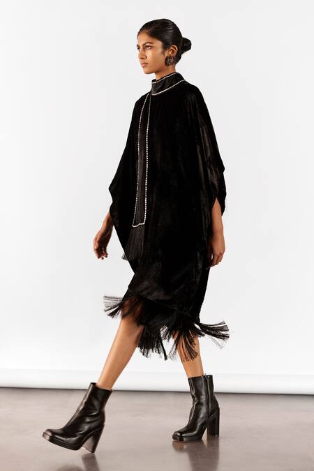 Studio Rigu_Black Velvet Crystals High Neck Miller Kimono Dress _Online_at_Aza_Fashions