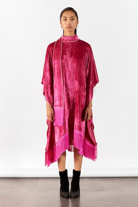 Studio Rigu_Pink Velvet Crystals High Neck Miller Kimono Dress _Online_at_Aza_Fashions