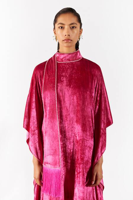 Buy_Studio Rigu_Pink Velvet Crystals High Neck Miller Kimono Dress _Online_at_Aza_Fashions