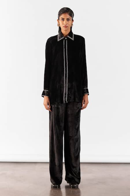 Shop Studio Rigu Black Velvet Stones Collared Miller Shirt With Pant at Aza Fashions Shop_Studio Rigu_Black Velvet Stones Collared Miller Shirt With Pant _at_Aza_Fashions