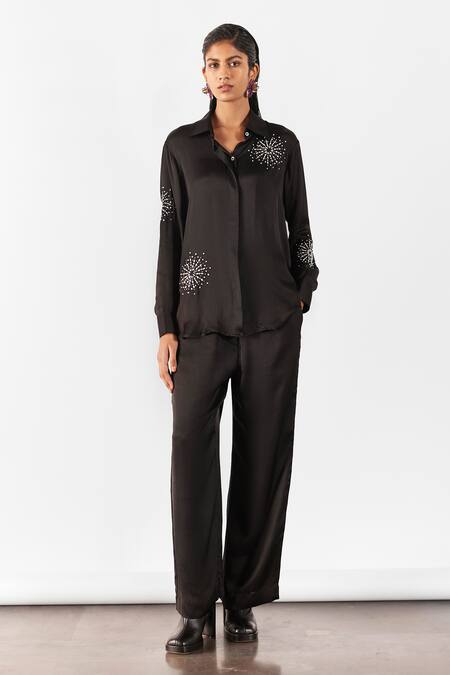 Studio Rigu Brunia Vegan Silk Snowflake Embroidered Shirt & Pant Set 