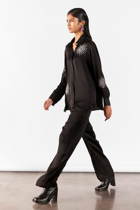 Shop Studio Rigu Black Silk Stones Collared Brunia Vegan Snowflake Embroidered Shirt And Pant Set at Aza Fashions Shop_Studio Rigu_Black Silk Stones Collared Brunia Vegan Snowflake Embroidered Shirt And Pant Set _at_Aza_Fashions