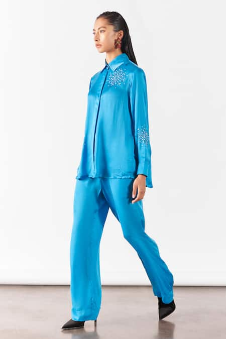 Studio Rigu Cyan Brunia Vegan Silk Snowflake Embroidered Shirt With Pant 