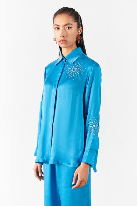 Studio Rigu_Blue Viscose, Silk Embroidery, Cyan Brunia Vegan Snowflake Shirt With Pant _Online_at_Aza_Fashions