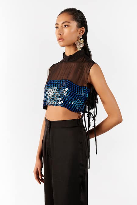 Shop Studio Rigu Black Organza, Velvet Evil Eye Embroidered Top With Vegan Silk Ombre Pant at Aza Fashions Shop_Studio Rigu_Black Organza, Velvet Evil Eye Embroidered Top With Vegan Silk Ombre Pant _at_Aza_Fashions