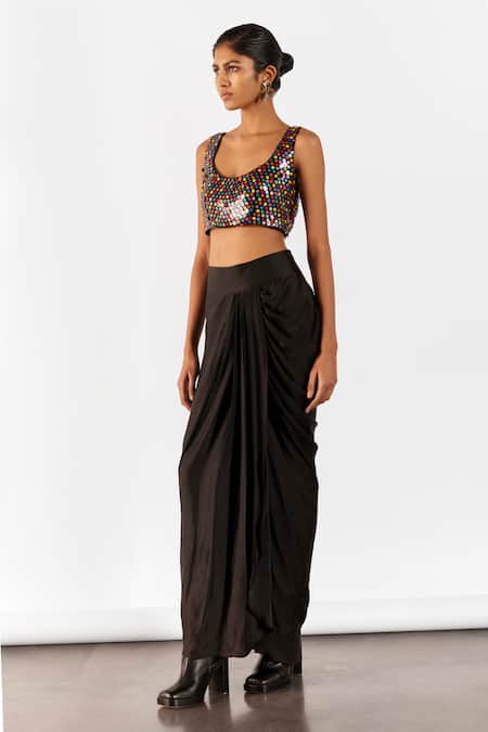 Studio Rigu Firefly Organza Embroidered Top With Vegan Silk Draped Skirt 