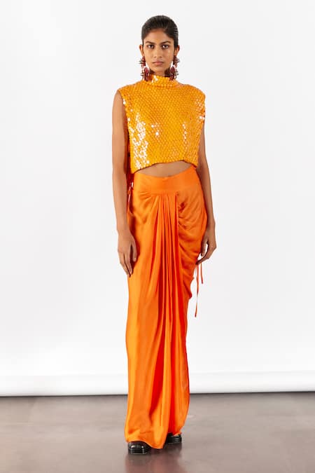 Studio Rigu_Orange Organza, Velour Zinnia Embroidered Top With Vegan Silk Draped Skirt _Online_at_Aza_Fashions
