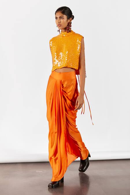 Buy_Studio Rigu_Orange Organza, Velour Zinnia Embroidered Top With Vegan Silk Draped Skirt _Online_at_Aza_Fashions
