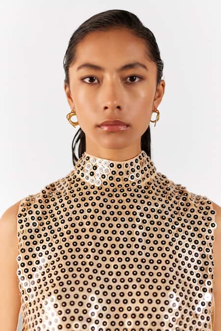 Studio Rigu_Beige Organza Sequins Chamoagne Embroidered Top With Vegan Silk Draped Skirt _Online_at_Aza_Fashions