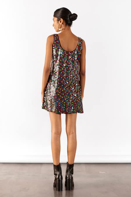 Shop Studio Rigu Black Organza, Velvet Sequins Scoop Firefly Vegan Silk Embroidered Mini Dress at Aza Fashions Shop_Studio Rigu_Black Organza, Velvet Sequins Scoop Firefly Vegan Silk Embroidered Mini Dress _at_Aza_Fashions