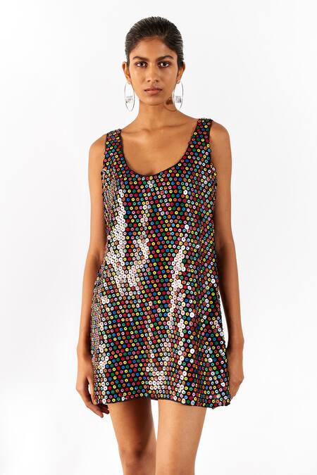 Studio Rigu Black Organza, Velvet Sequins Scoop Firefly Vegan Silk Embroidered Mini Dress Online at Aza Fashions Studio Rigu_Black Organza, Velvet Sequins Scoop Firefly Vegan Silk Embroidered Mini Dress _Online_at_Aza_Fashions