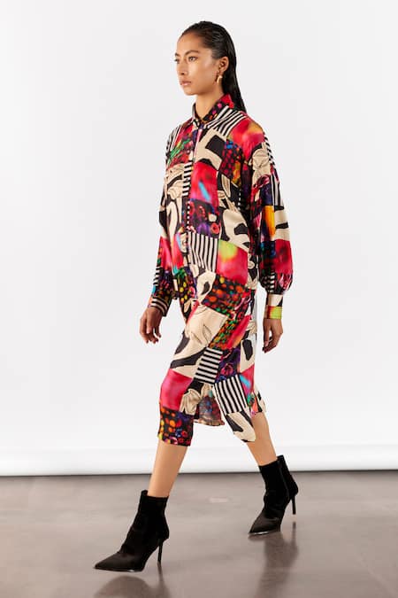 Studio Rigu Multi Color Vegan Silk Patchwork Floral Collar Midi Dress