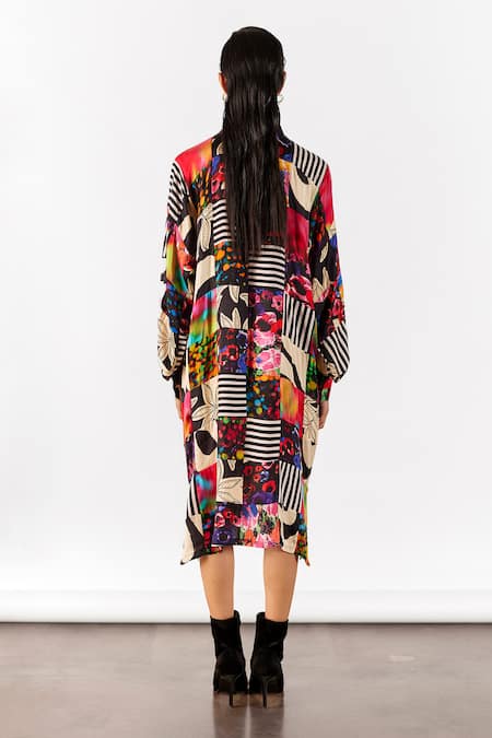 Shop Studio Rigu Multi Color Viscose Collared Vegan Silk Patchwork Midi Dress at Aza Fashions Shop_Studio Rigu_Multi Color Viscose Collared Vegan Silk Patchwork Midi Dress _at_Aza_Fashions