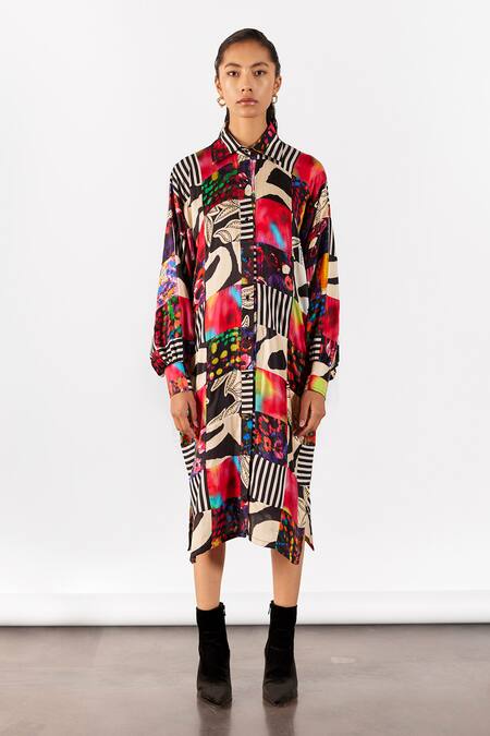 Studio Rigu Multi Color Viscose Collared Vegan Silk Patchwork Midi Dress Online at Aza Fashions Studio Rigu_Multi Color Viscose Collared Vegan Silk Patchwork Midi Dress _Online_at_Aza_Fashions