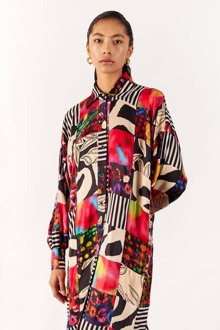 Buy Studio Rigu Multi Color Viscose Collared Vegan Silk Patchwork Midi Dress Online at Aza Fashions Buy_Studio Rigu_Multi Color Viscose Collared Vegan Silk Patchwork Midi Dress _Online_at_Aza_Fashions