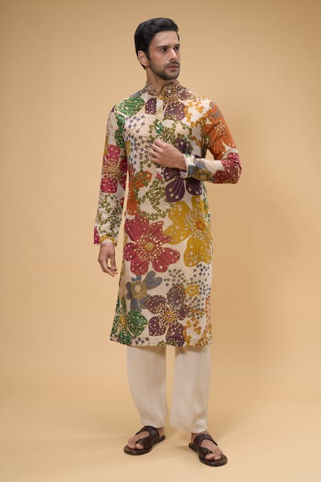 Taavare Off White Tissue Organza Embellished Bead Abstract Floral Print Kurta With Pant