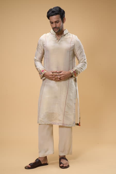 Taavare Off White Tissue Organza Embellished Bead Placed Mirrorwork Kurta With Pant