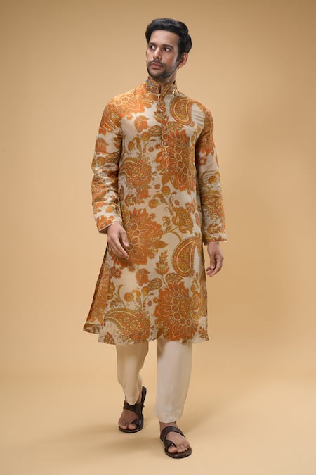 Taavare Off White Tissue Organza Embellished Sequin Floral Paisley Print Kurta With Pant