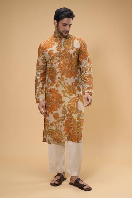 Taavare_Off White Tissue, Organza, Cotton Applique, Floral Paisley Print Kurta With Pant_Online_at_Aza_Fashions