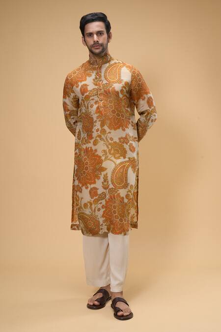 Buy_Taavare_Off White Tissue, Organza, Cotton Applique, Floral Paisley Print Kurta With Pant_Online_at_Aza_Fashions