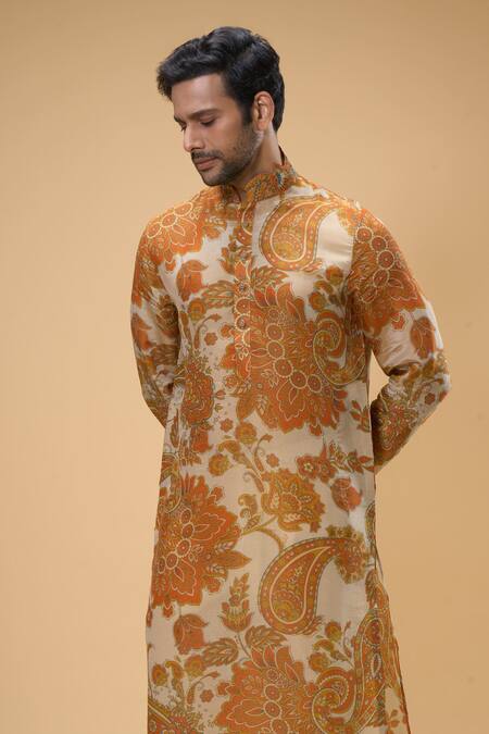 Shop_Taavare_Off White Tissue, Organza, Cotton Applique, Floral Paisley Print Kurta With Pant_Online_at_Aza_Fashions