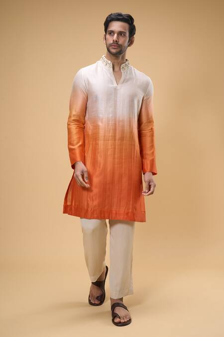 Taavare_Off White Chanderi Applique Ombre Kurta With Pant _Online_at_Aza_Fashions
