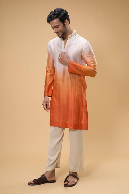 Buy_Taavare_Off White Chanderi Applique Ombre Kurta With Pant _Online_at_Aza_Fashions