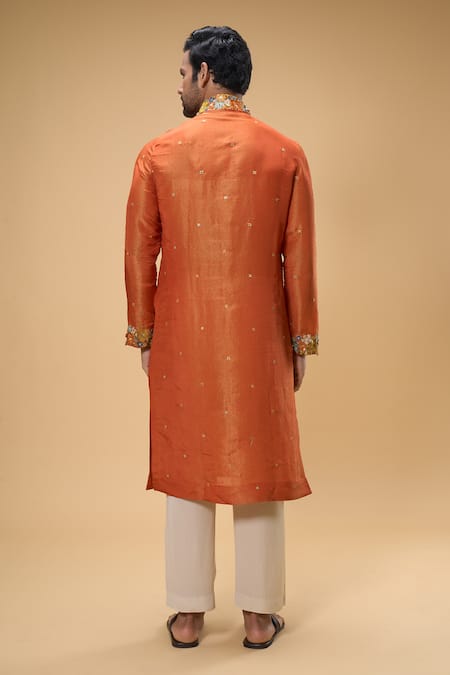 Shop_Taavare_Orange Tissue, Organza, Cotton Sequins, Threadwork Floral Kurta With Pant _at_Aza_Fashions
