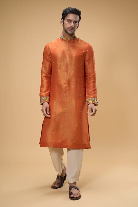 Taavare_Orange Tissue, Organza, Cotton Sequins, Threadwork Floral Kurta With Pant _Online_at_Aza_Fashions