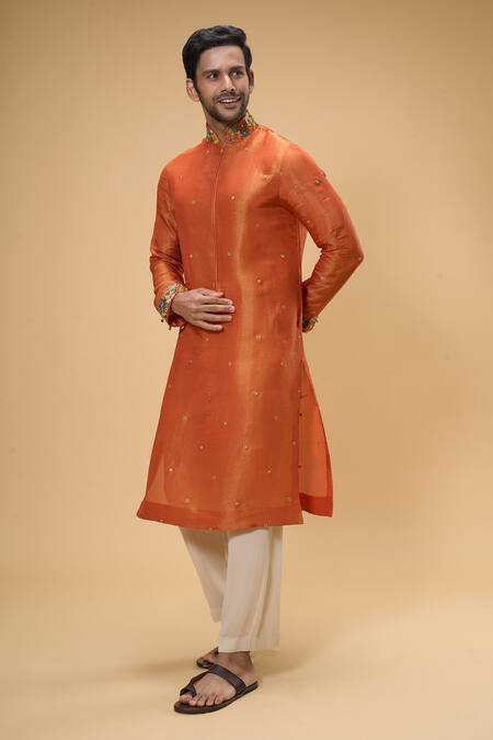Buy_Taavare_Orange Tissue, Organza, Cotton Sequins, Threadwork Floral Kurta With Pant _Online_at_Aza_Fashions