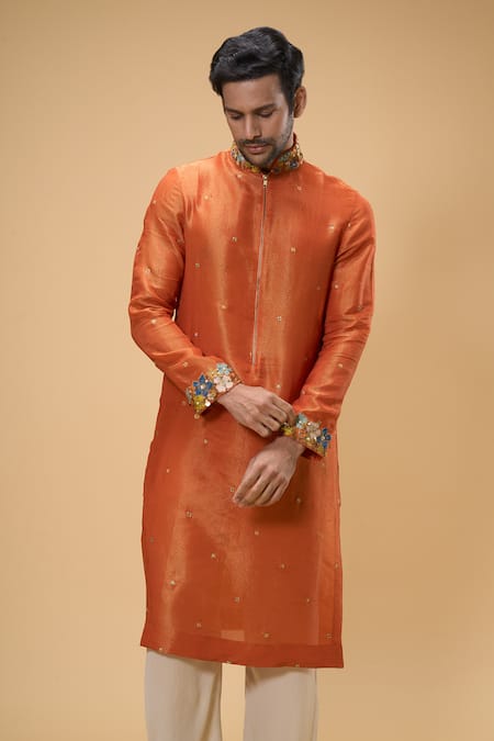 Shop_Taavare_Orange Tissue, Organza, Cotton Sequins, Threadwork Floral Kurta With Pant _Online_at_Aza_Fashions