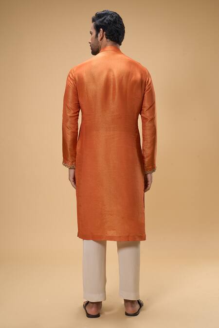 Shop Taavare Orange Tissue, Organza, Cotton Beads, Embellished Placement Kurta With Pant at Aza Fashions Shop_Taavare_Orange Tissue, Organza, Cotton Beads, Embellished Placement Kurta With Pant_at_Aza_Fashions