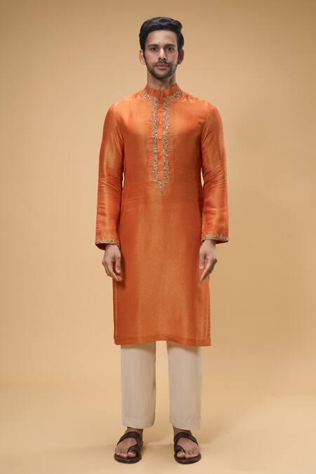 Taavare Orange Tissue, Organza, Cotton Beads, Embellished Placement Kurta With Pant Online at Aza Fashions Taavare_Orange Tissue, Organza, Cotton Beads, Embellished Placement Kurta With Pant_Online_at_Aza_Fashions