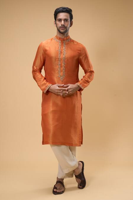 Buy Taavare Orange Tissue, Organza, Cotton Beads, Embellished Placement Kurta With Pant Online at Aza Fashions Buy_Taavare_Orange Tissue, Organza, Cotton Beads, Embellished Placement Kurta With Pant_Online_at_Aza_Fashions