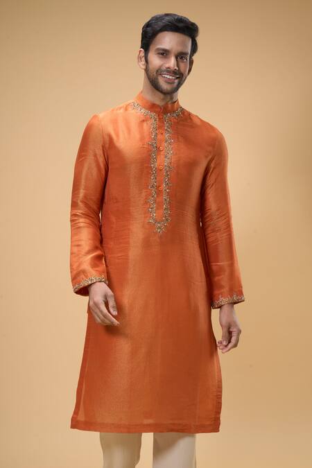 Shop Taavare Orange Tissue, Organza, Cotton Beads, Embellished Placement Kurta With Pant Online at Aza Fashions Shop_Taavare_Orange Tissue, Organza, Cotton Beads, Embellished Placement Kurta With Pant_Online_at_Aza_Fashions