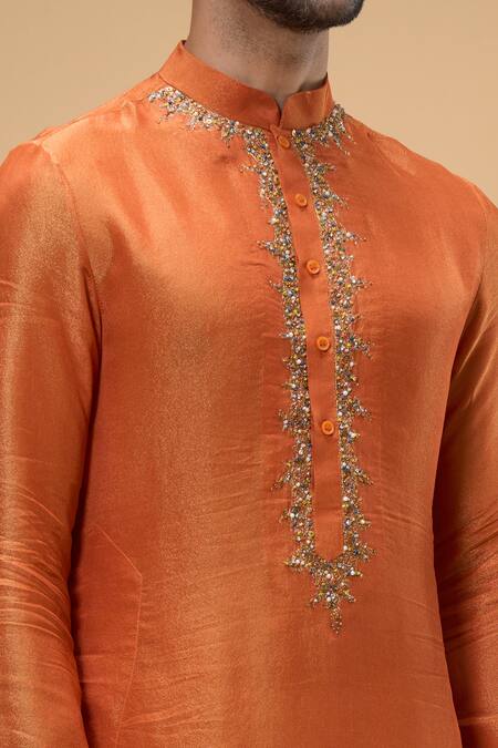 Taavare Orange Tissue, Organza, Cotton Beads, Embellished Placement Kurta With Pant at Aza Fashions Taavare_Orange Tissue, Organza, Cotton Beads, Embellished Placement Kurta With Pant_at_Aza_Fashions