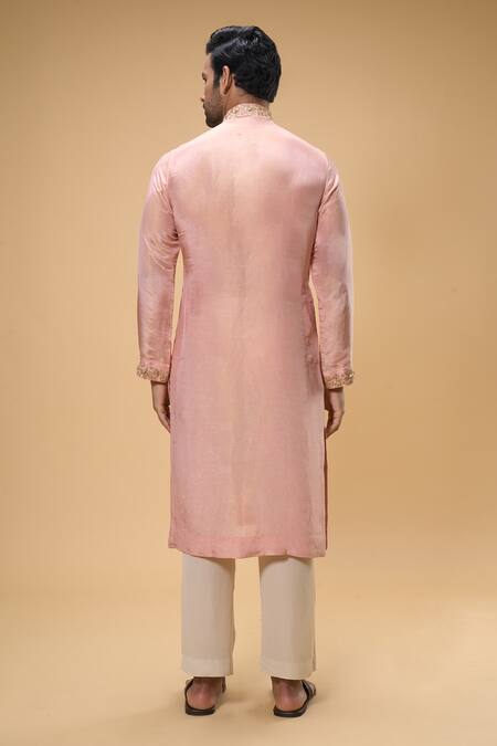 Shop Taavare Peach Tissue, Organza, Cotton Floral Threadwork Placement Kurta With Pant at Aza Fashions Shop_Taavare_Peach Tissue, Organza, Cotton Floral Threadwork Placement Kurta With Pant_at_Aza_Fashions