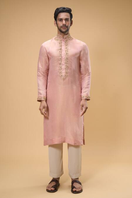 Buy Taavare Peach Tissue, Organza, Cotton Floral Threadwork Placement Kurta With Pant Online at Aza Fashions Buy_Taavare_Peach Tissue, Organza, Cotton Floral Threadwork Placement Kurta With Pant_Online_at_Aza_Fashions