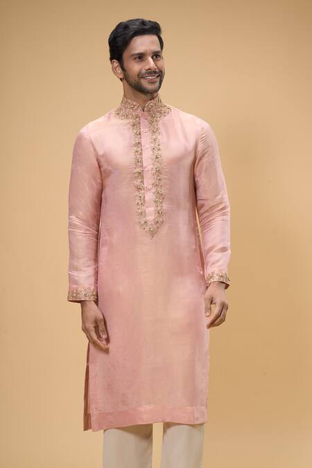Taavare Peach Tissue, Organza, Cotton Floral Threadwork Placement Kurta With Pant at Aza Fashions Taavare_Peach Tissue, Organza, Cotton Floral Threadwork Placement Kurta With Pant_at_Aza_Fashions