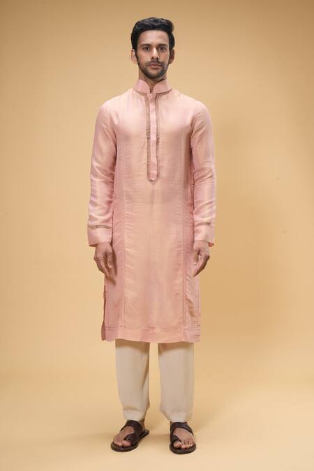 Taavare_Peach Tissue, Organza Embroidery Threadwork Kurta With Pant _Online_at_Aza_Fashions