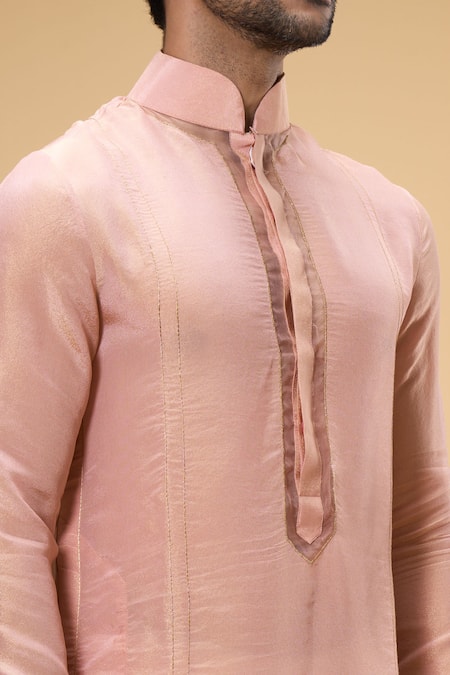 Taavare_Peach Tissue, Organza Embroidery Threadwork Kurta With Pant _at_Aza_Fashions
