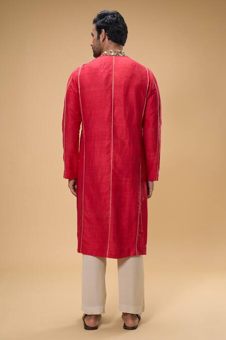 Shop_Taavare_Red Ramie, Cotton Pearls, Sequins Placed Embellished Kurta With Pant _at_Aza_Fashions