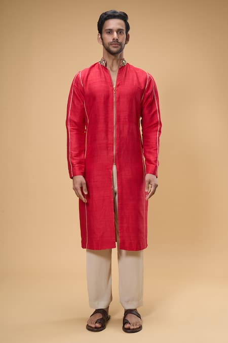 Buy_Taavare_Red Ramie, Cotton Pearls, Sequins Placed Embellished Kurta With Pant _Online_at_Aza_Fashions