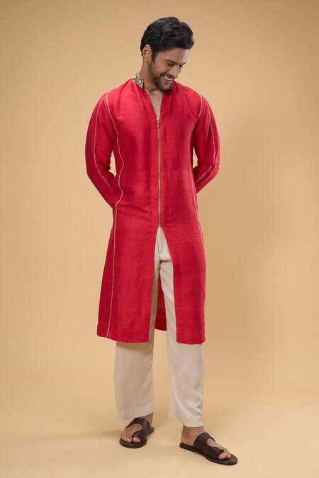 Shop_Taavare_Red Ramie, Cotton Pearls, Sequins Placed Embellished Kurta With Pant _Online_at_Aza_Fashions