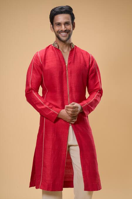 Taavare_Red Ramie, Cotton Pearls, Sequins Placed Embellished Kurta With Pant _at_Aza_Fashions